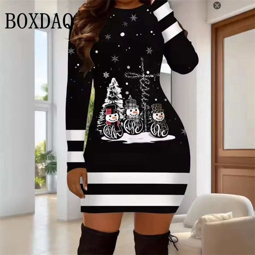 Women's Snowman Christmas Print Slim Bodycon Polyester Knit Dress