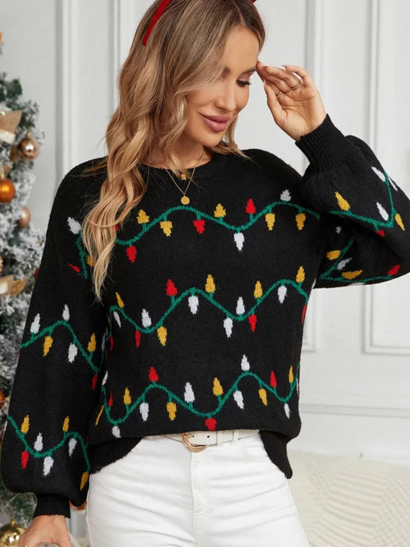 Christmas Lights Pullover Sweater Lantern Knit Cozy
