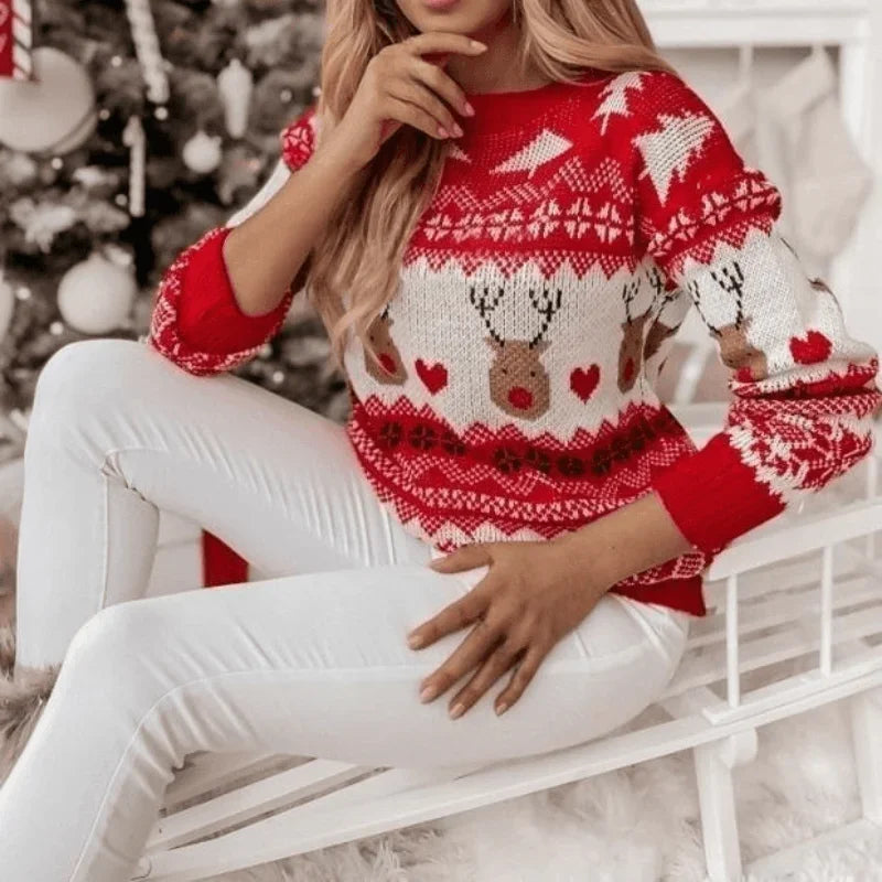 Christmas Elk Print Winter Knit Sweater Long Sleeve Pullover