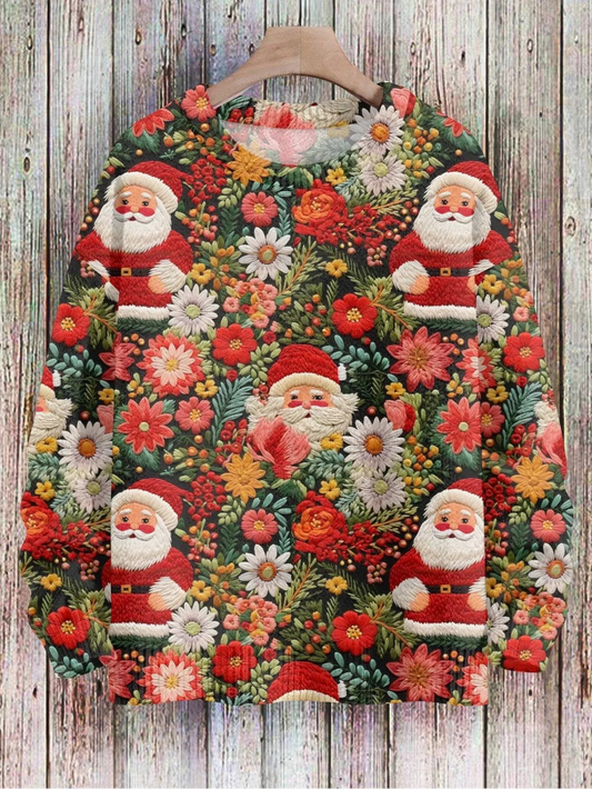 Christmas 3D Red Suit Santa Among Flowers Print Sweatshirt