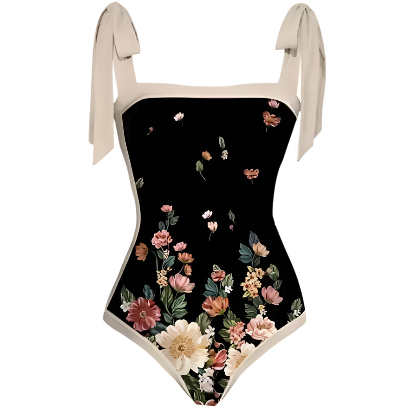 Black & Floral Elegant One-Piece Swimsuit with Skirt – Bowknot Brazilian Style