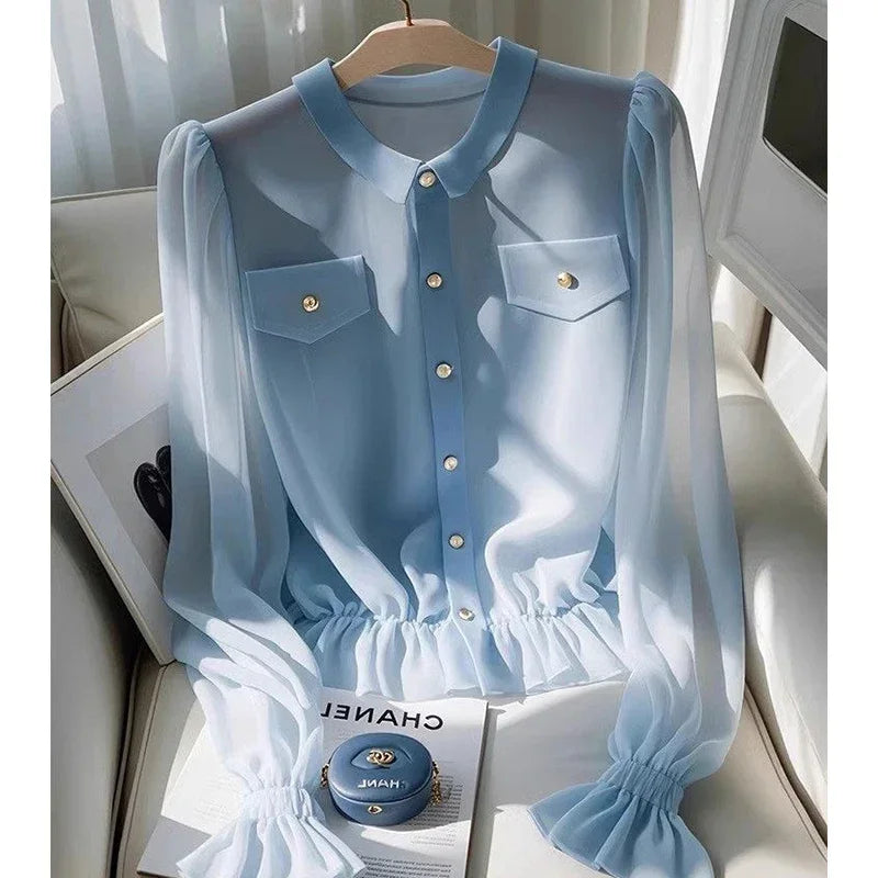 Solid Color Chiffon Polo Collar Shirt For Office Wear