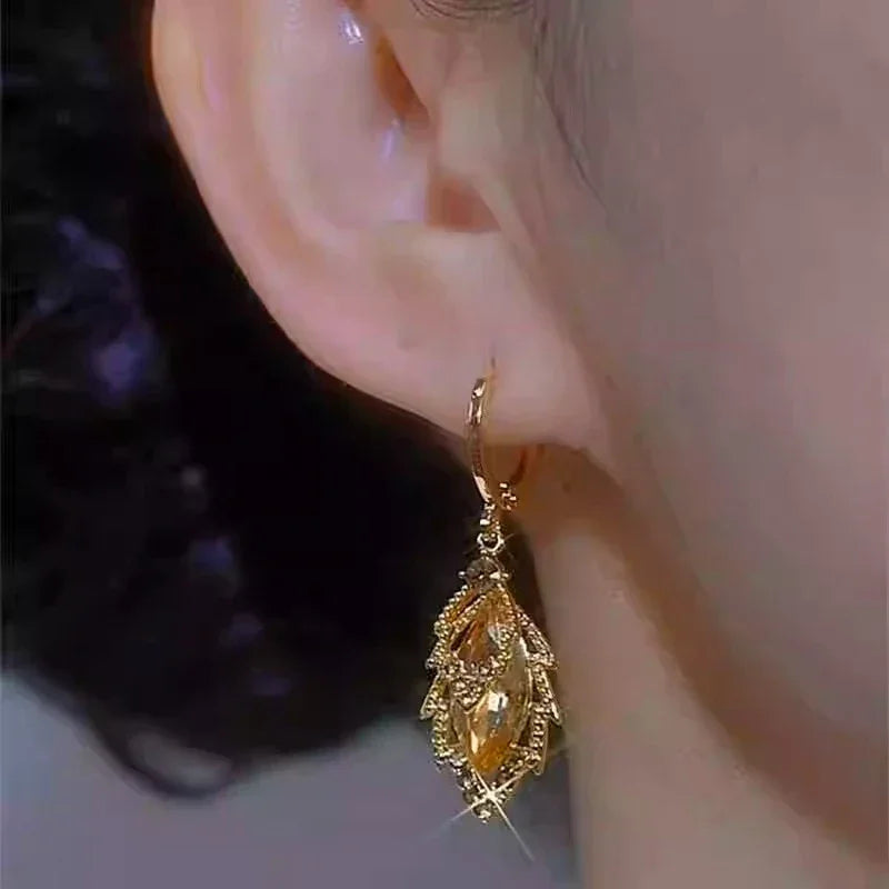 Rhinestone Leaves Pendant Earrings Gold Color Jewelry