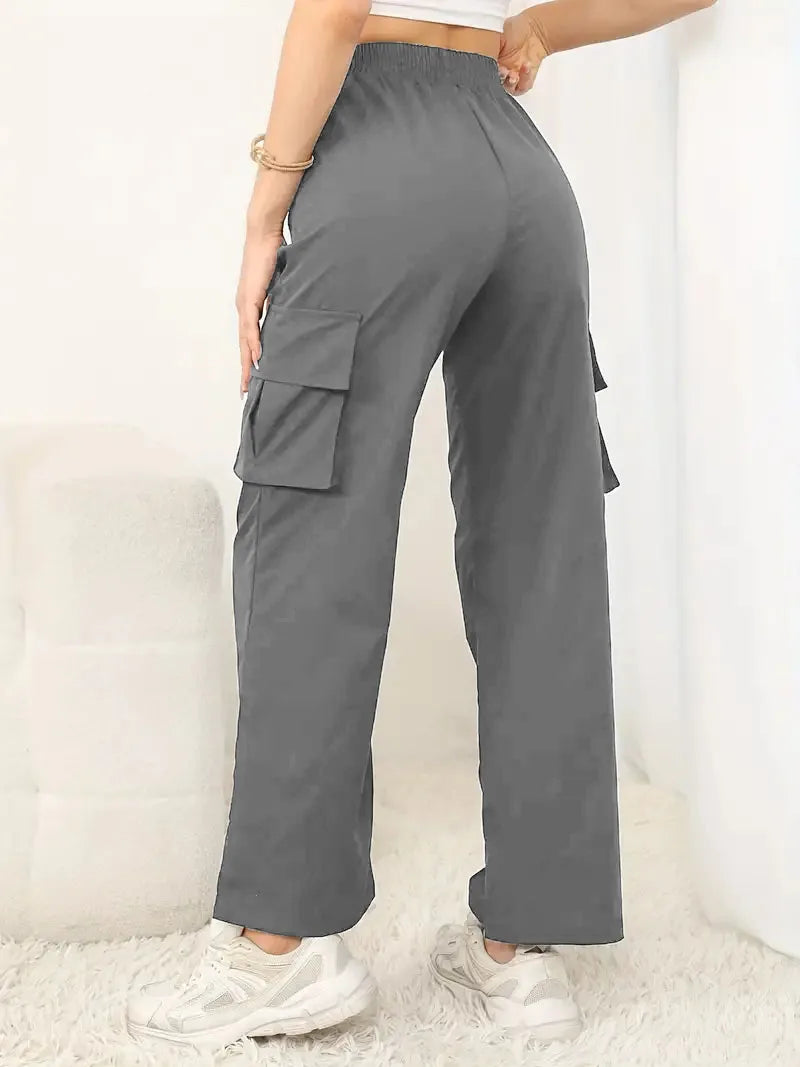 Womens Cargo Pants Regular Fit Polyester Solid High Waist