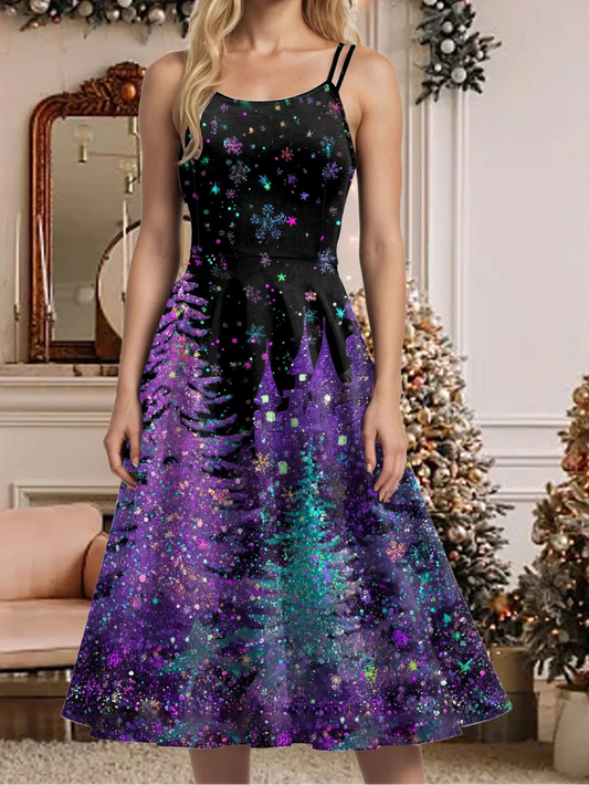 Retro Paint Print Christmas Tree Sleeveless Midi Dress
