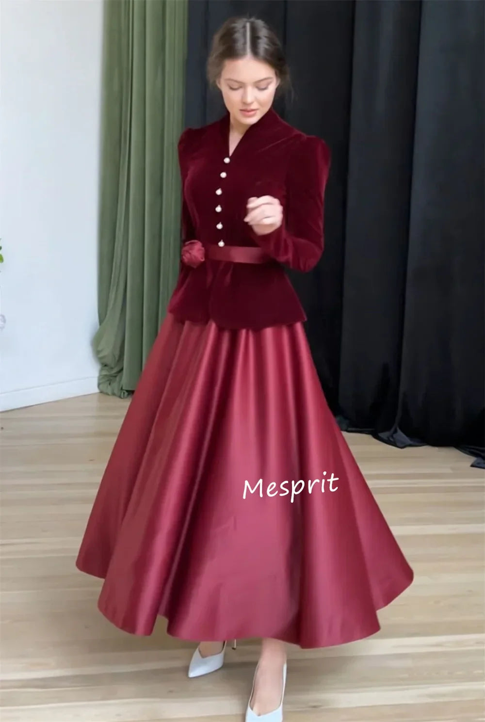 Velour Pearl Sash A Line V Neck Midi Dress Bespoke Occasion