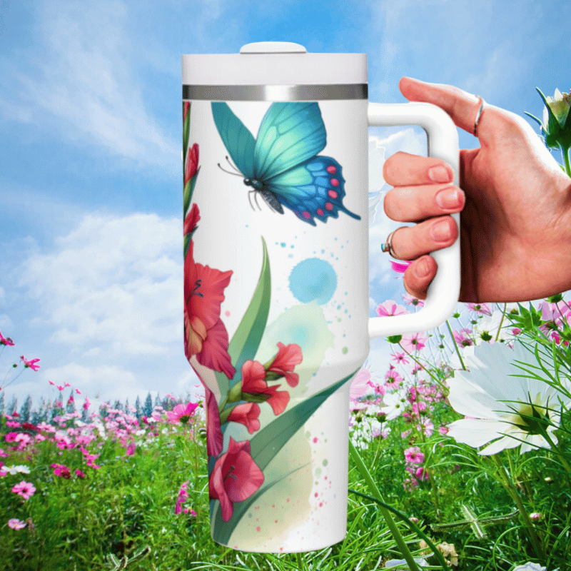 a hand holding a coffee mug in a field of flowers