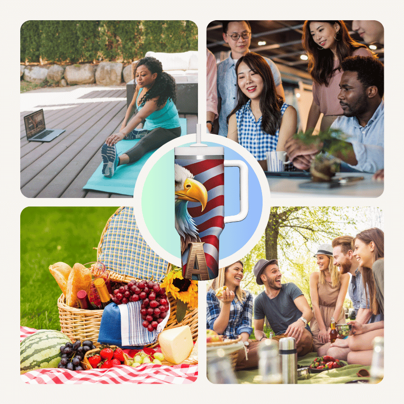 a collage of photos of people having a picnic