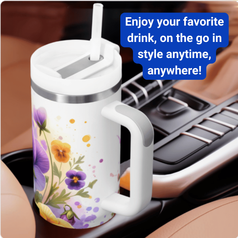 a coffee cup with a lid and handle sitting on a car dashboard