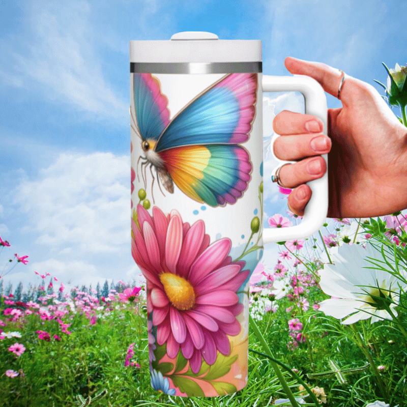 a hand holding a coffee mug in a field of flowers