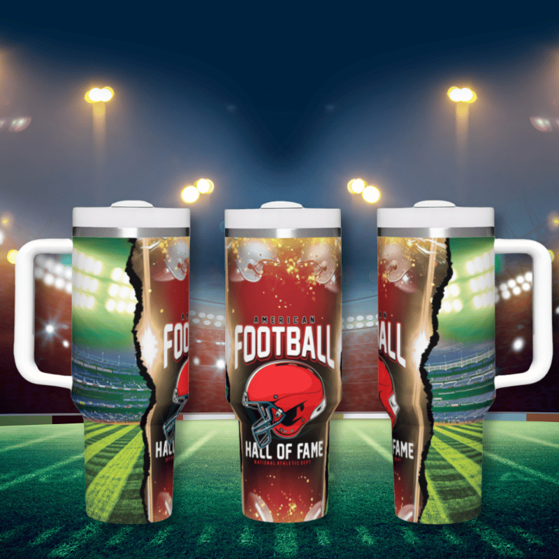 three mugs with a football theme on them