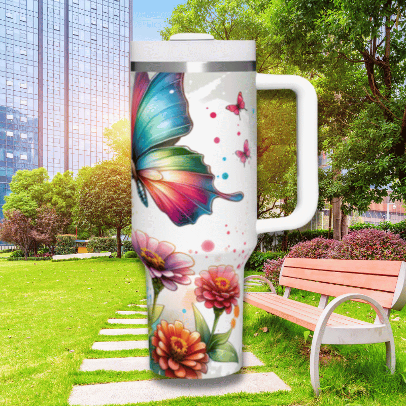 a large white coffee mug sitting next to a park bench