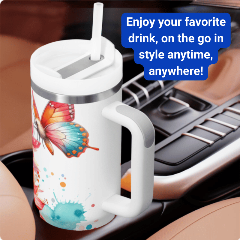 a coffee mug with a colorful butterfly on it