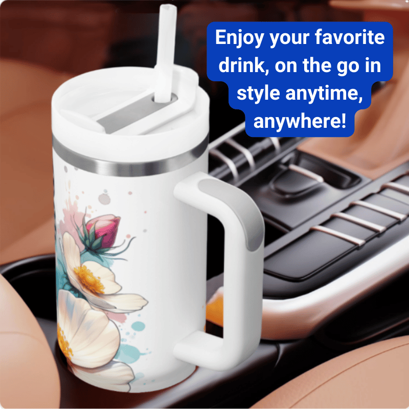 a white coffee mug with a floral design on it