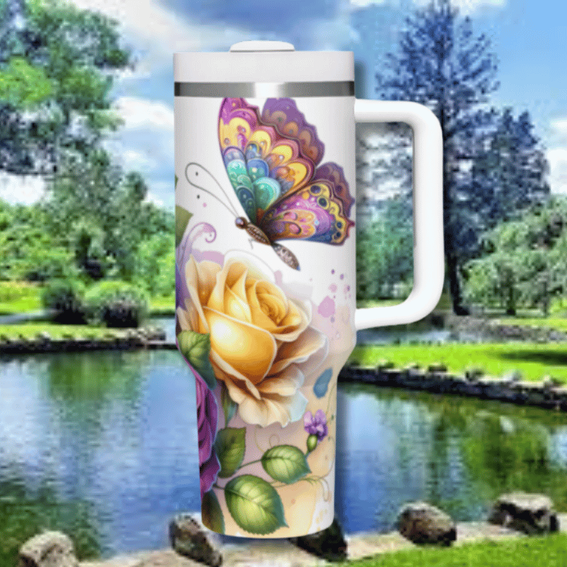 a white travel mug with a painting of a flower and a butterfly on it