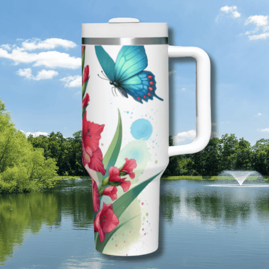 a white coffee mug with a blue butterfly on it