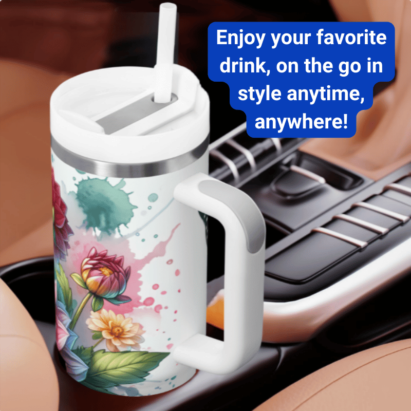 a coffee cup with a lid and handle sitting on a car dashboard