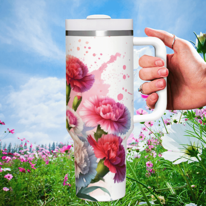 a person holding a coffee mug in a field of flowers