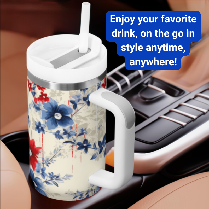 a coffee cup with a handle on a car dashboard