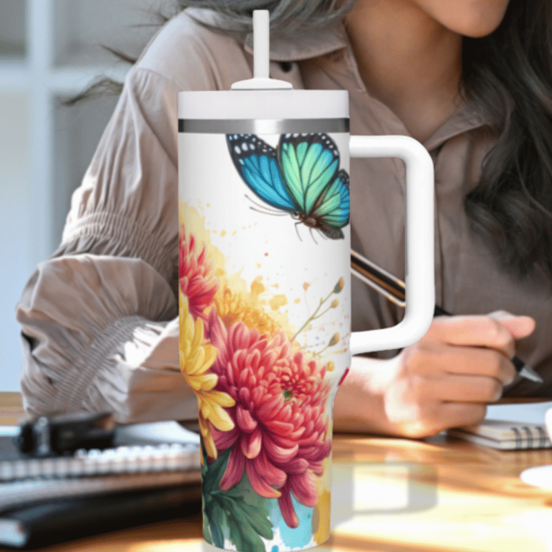 a woman sitting at a desk with a coffee mug