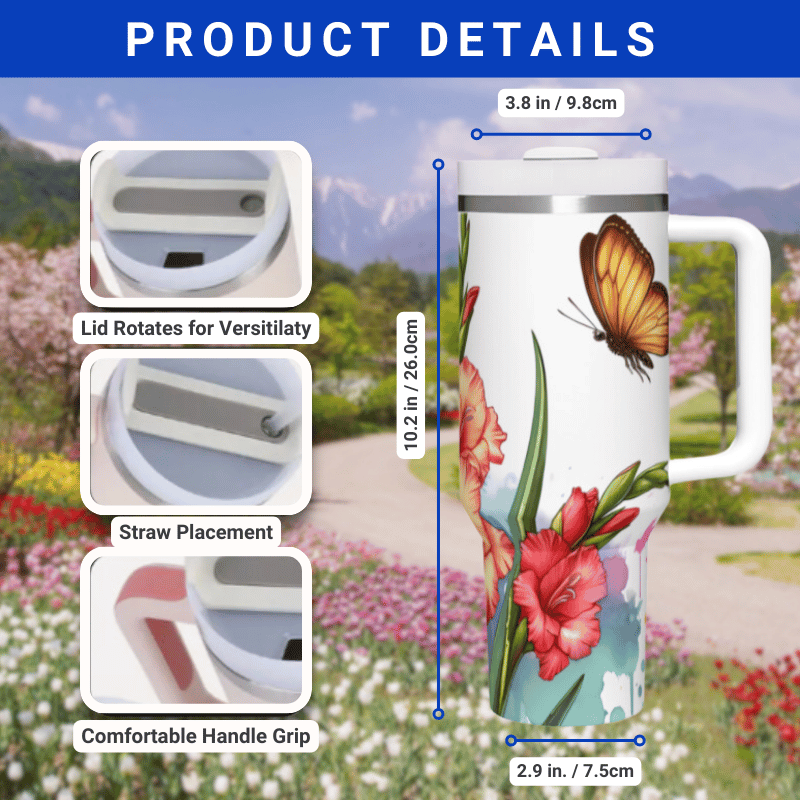 the product details for the travel mug