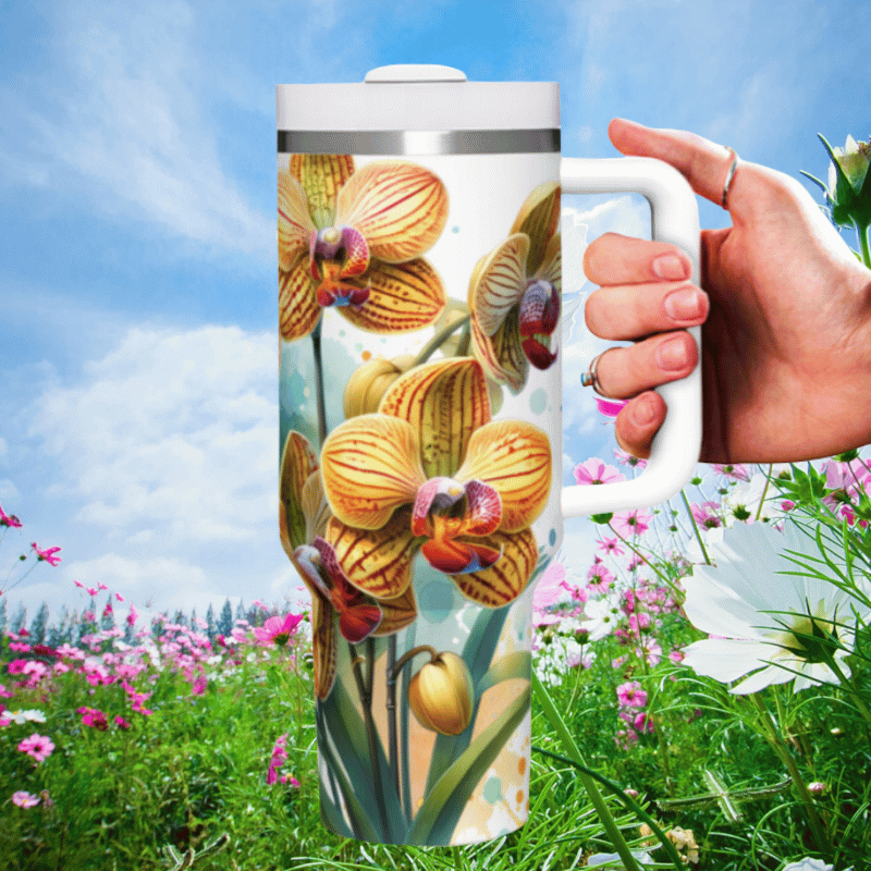 a hand holding a coffee mug in front of a field of flowers