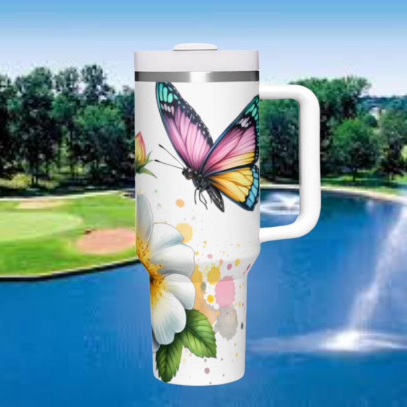 a white coffee cup with a butterfly on it