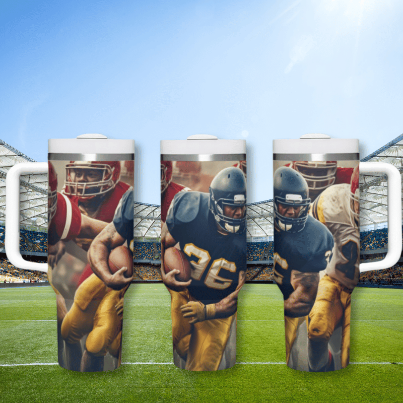 a group of three coffee mugs with a football player on them