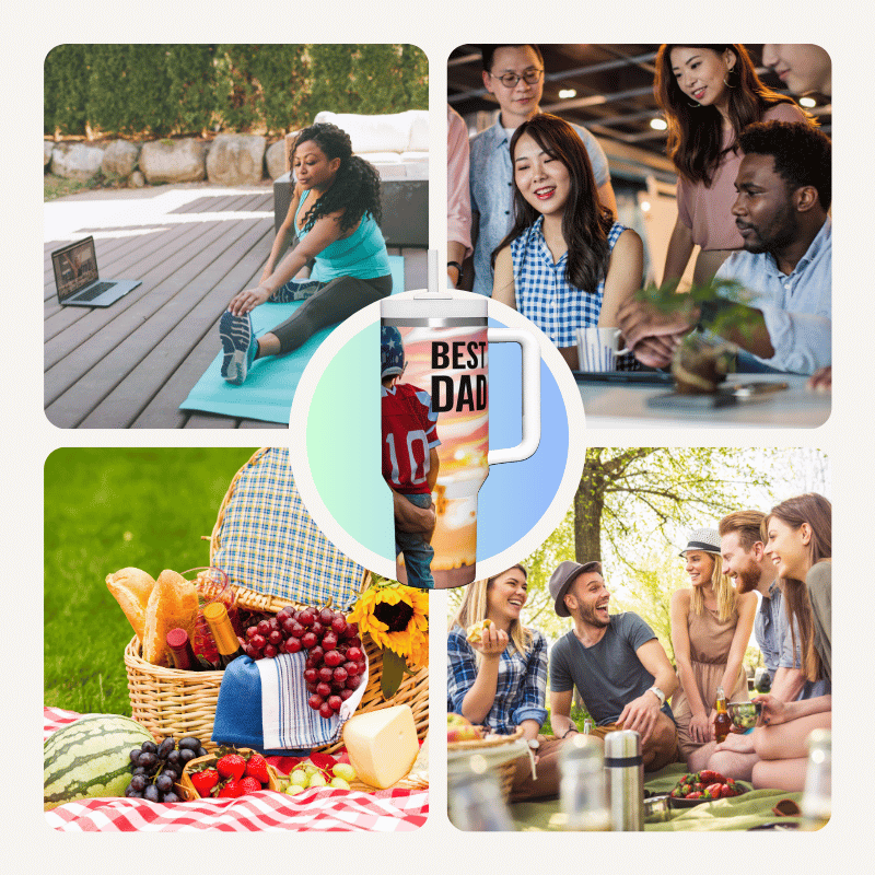 a collage of photos of people having a picnic