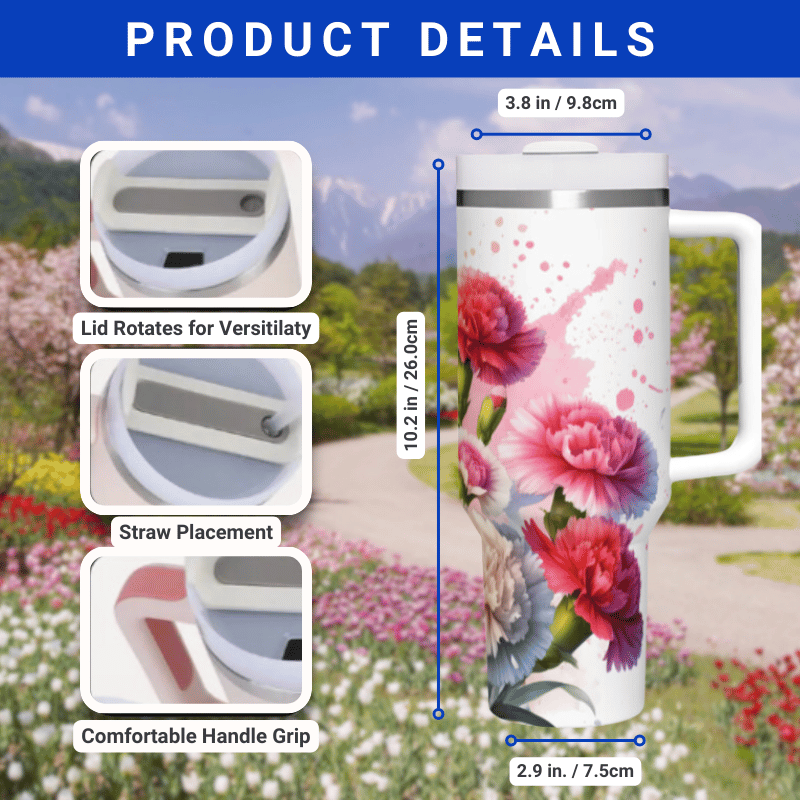 the product details for the travel mug