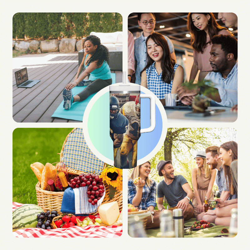 a collage of photos of people having a picnic