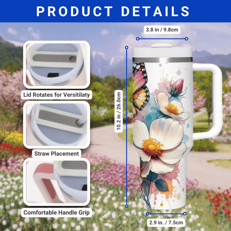 the product details for the travel mug