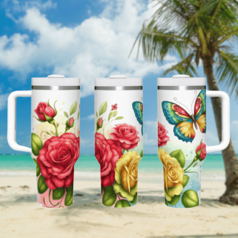 three travel mugs on a beach with a palm tree in the background