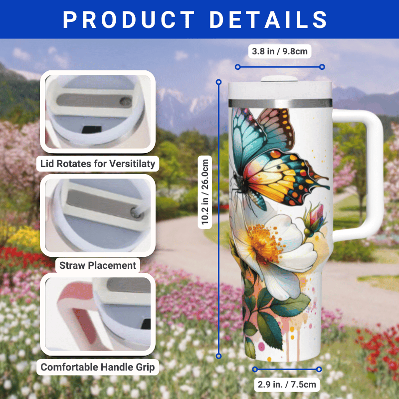 the product details of the travel mug