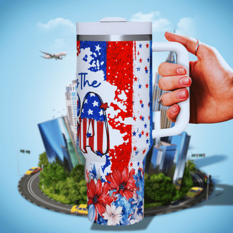 a hand holding a coffee mug with a picture of an american flag on it