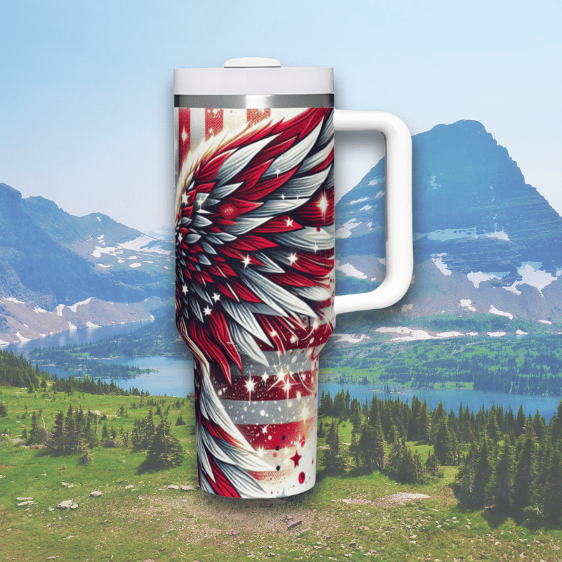 a travel mug with a red, white, and blue eagle on it