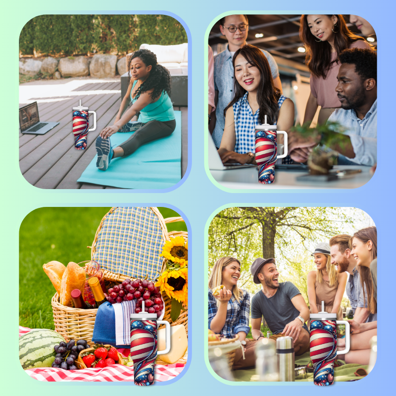 a collage of photos of people having a picnic