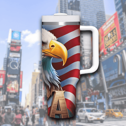 a travel mug with a picture of an eagle on it