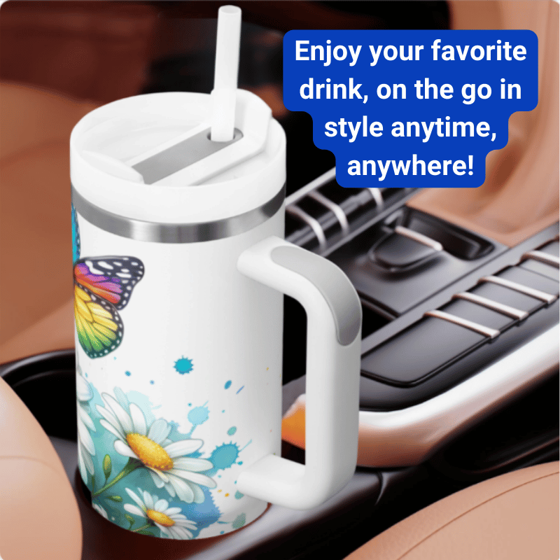 a travel mug with a butterfly design on it