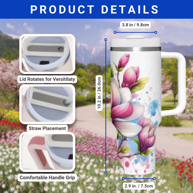 the product details for the travel mug