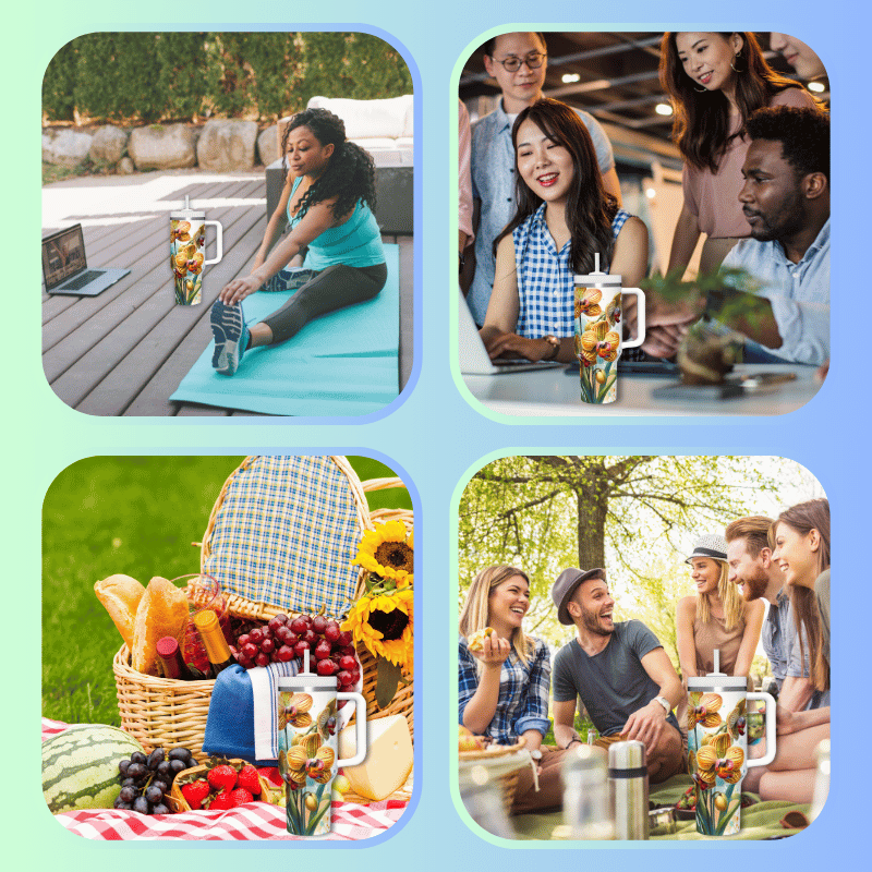 a collage of photos of people having a picnic