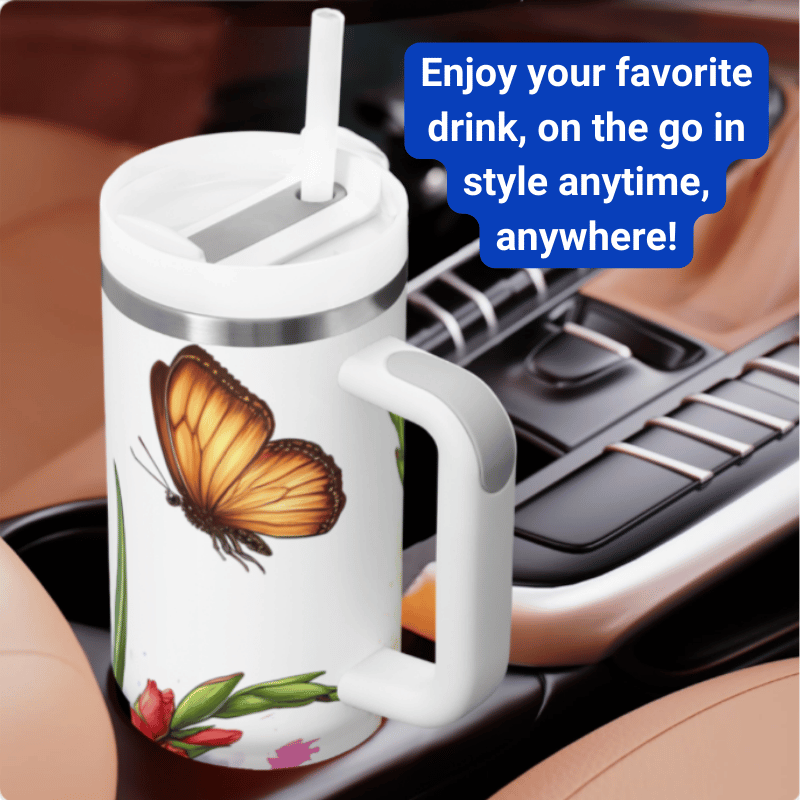 a coffee mug with a butterfly painted on it