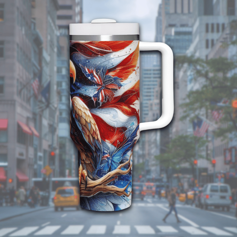 a travel mug with a picture of a eagle on it