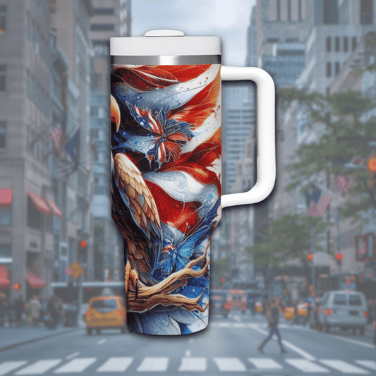 a travel mug with a picture of a eagle on it