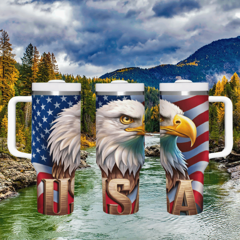 two eagle mugs with the american flag on them