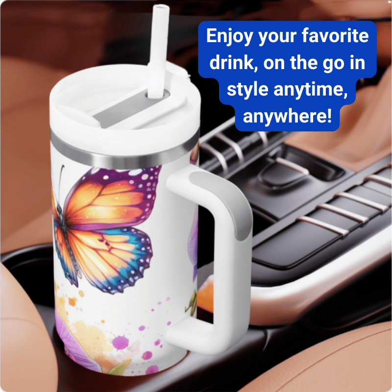 a coffee mug with a butterfly design on it